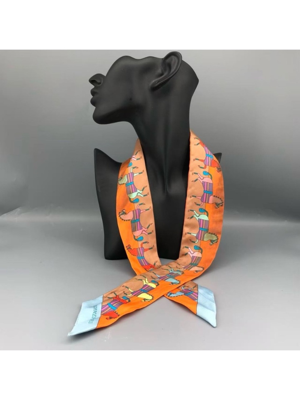 Hermes Orange Silk Printed Scarf with Multicolor Camel Motif